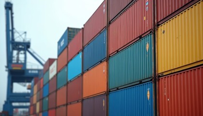 Stacked shipping containers at port. Colorful cargo containers in logistics center. Containers for import export business and international commerce.