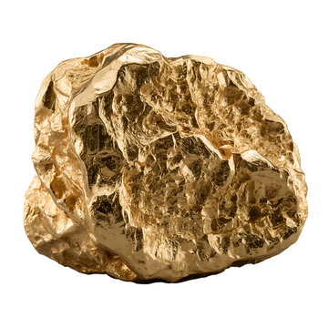 Irregular textured gold nugget with shiny reflective surface isolated on a transparent background