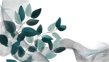 Artistic, digitally created corner design with stylized blue-green leaves and muted, textured elements