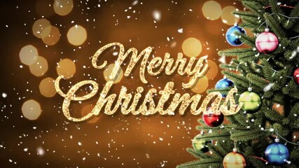 Golden glitter Merry Christmas greeting text with snowfall over decorated tree and shimmering bokeh lights in warm festive background for holiday season celebration