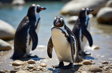 Fototapeta premium Three Magellanic penguins stand on rocky shore near water. One penguin looks directly at camera with curious expression. These flightless birds are known for their distinctive black and white plumage.
