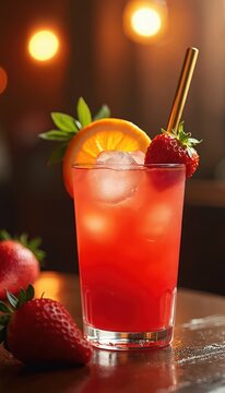 Red cocktail with ice strawberry and orange slice garnishes. Gold straw pokes out of refreshing chilled beverage. Blurred warm lights in background.