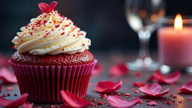 Close-up of delicious red velvet cupcake with cream and sprinkles on blurred romantic background with wine glass. Dessert concept