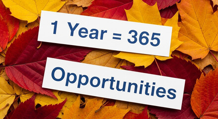 One year equals 365 opportunities written on cards over autumn leaves