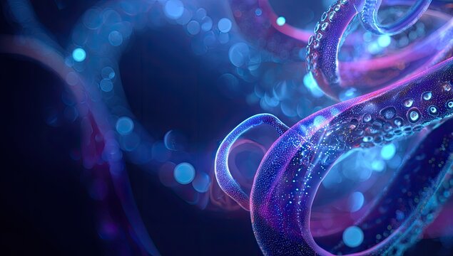 Detailed close-up view of luminescent tentacle-like forms with bokeh effect, glowing - Powered by Adobe