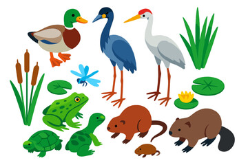 Marshland Wildlife Icons. Isometric vector illustration set Marshland Wildlife: mallard duck, goose, heron, crane, frog, turtle,