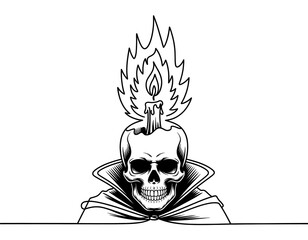 Gothic Skull Illustration with Burning Candle and Ominous Cloak, Macabre Vector Art on White Background