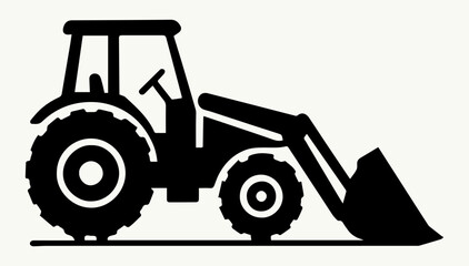 Black and white illustration of the silhouette of an agricultural tractor with a bucket on a white isolated background. Vector graphics. EPS.