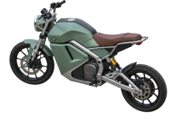 Modern green electric motorcycle isolated, cafe racer style motorbike with brown leather seat on transparent background, eco-friendly transportation