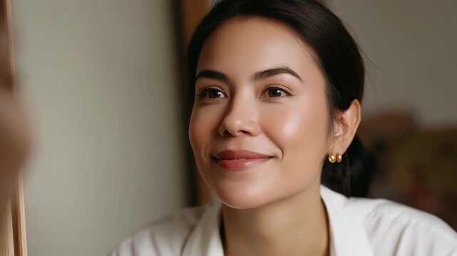 A thoughtful woman gazes into the mirror, looking introspective and serene, creating a moment of self-reflection and personal connection amidst a softly-lit environment.