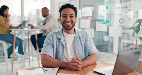 Face, creative and happy businessman in office with engagement metrics, laugh and laptop. Computer, social media manager and portrait in startup for platform traffic analysis, coworking and funny - Powered by Adobe