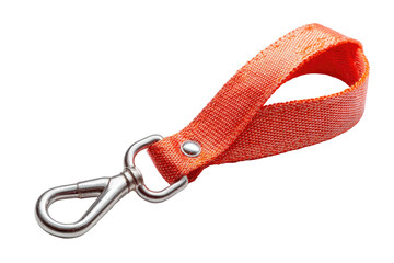 Close-up of a vibrant orange textile loop with a silver-colored metal hook against a black background
