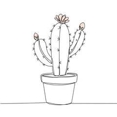 Line drawing of cactus plant in pot with pink flowers  