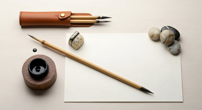 A minimalist flatlay of traditional japanese or chinese calligraphy tools on a beige background.