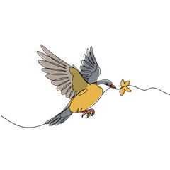 Bird flying with flower in its beak on white background  