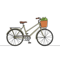 Bicycle with a planter basket carrying plants on white background  