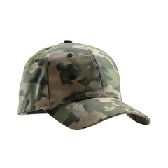 Fototapeta premium A cap with a curved bill, patterned with green, brown, and tan camouflage against a black background