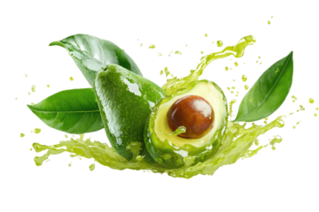 Fresh whole avocado with a cut half, splashing green liquid, vibrant leaves, on black backdrop