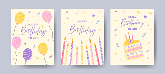Birthday posters set with cake, candles, balloons and festive typography. Bright designs for invitations, posters, greeting cards, and holiday decorations