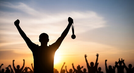 Silhouette of a triumphant athlete holding a medal aloft against a sunset sky with cheering crowd