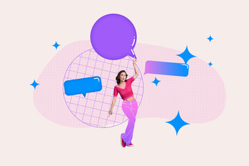 Full 3d trendy photo collage of happy girl dance bubble communication speech dialogue discussion icon phrase conversation