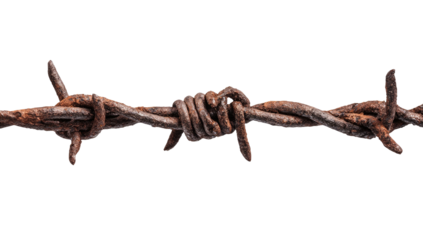 Close-up shot highlighting rusty, spiked metal wire against a clean black background