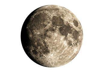 Detailed full moon isolated on transparent background, lunar surface with craters and shadows for astronomy and space exploration concepts