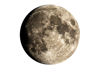 Detailed full moon isolated on transparent background, lunar surface with craters and shadows for astronomy and space exploration concepts