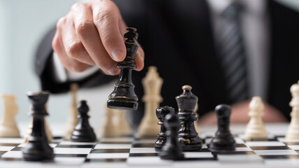 A businessman in a suit moving a queen chess piece on a board. Ai generated