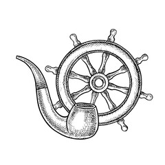 Ship s steering wheel and a smoking pipe. Black and white graphics, hand-drawn vector illustrations. Marine theme. For stickers, invitation cards, posters and banners, packaging, and more.