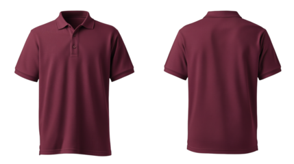 Dark maroon polo shirt mockup front and back view isolated on white background for brand presentation