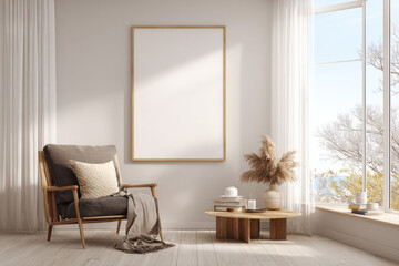 mock up poster frame in modern interior background, living room, Scandinavian style, 3D render, 3D illustration