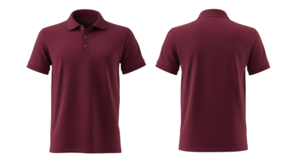 Dark maroon polo shirt mockup front and back view isolated on white background for brand presentation