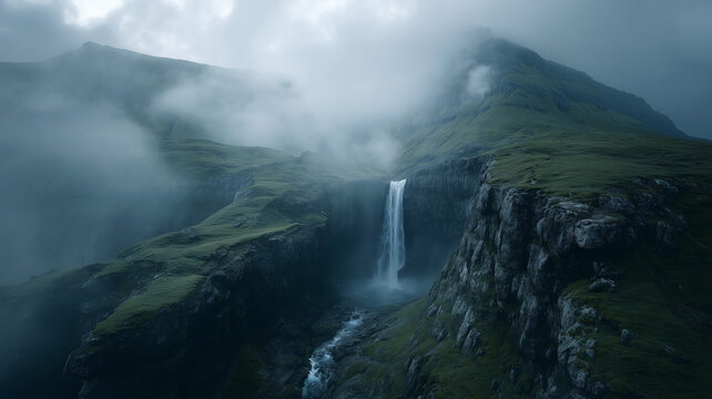 A cinematic still of the waterfall in the faroe islands, aerial view, shot on an arri alexa camera. a dramatic. Ai generated