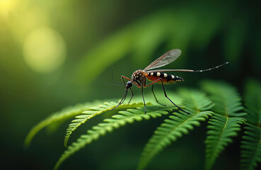 Close-up of mosquito resting on green fern leaf in rich rainforest. Tiny insect with patterned body and translucent wings shows intricate detail.