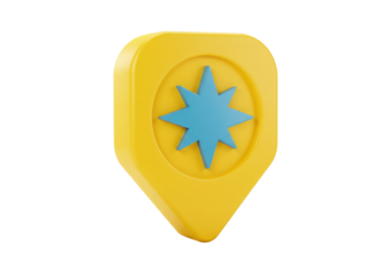 Yellow map pointer with blue star isolated PNG, location pin icon for navigation and travel apps on transparent background