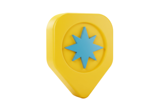 Yellow map pointer with blue star isolated PNG, location pin icon for navigation and travel apps on transparent background