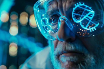 Senior scientist wearing augmented reality glasses for data visualization