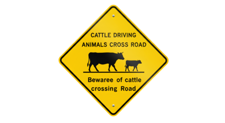 Cattle driving road sign isolated on white background, yellow diamond traffic warning sign with black cow silhouette, animals crossing caution, farm livestock safety, rural transportation symbol