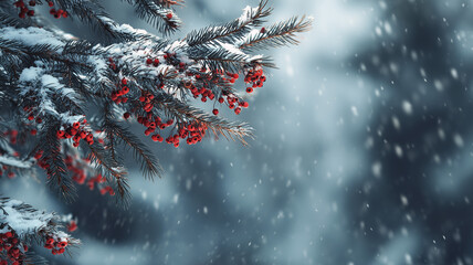 A close-up of snow-covered pine branches with red berries, set against the backdrop of a snowy landscape. Ai generated