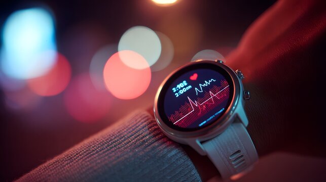 of a wrist with a smartwatch displaying a live heart rate reading, featuring a red waveform and heartbeat symbol, with vibrant, blurred background lights adding depth and a sense of urban nightlife. - Powered by Adobe