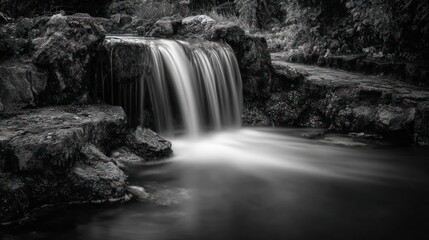 Black and white waterfall cascading over rocks