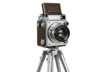 Vintage medium format camera isolated on white, classic twin-lens reflex camera for photography enthusiasts and collectors