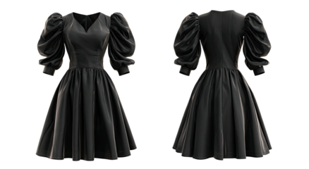 Front and back view of a black dress featuring a V-neck, puff sleeves, and a flared skirt