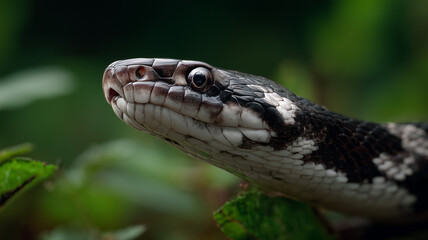 Fototapeta premium A close-up shot of the head and neck, with its black patterned scales and slithering motion, set against an outdoor. Ai generated