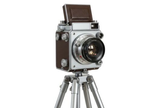 Vintage medium format camera isolated on white, classic twin-lens reflex camera for photography enthusiasts and collectors