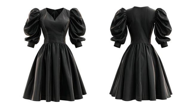 Front and back view of a black dress featuring a V-neck, puff sleeves, and a flared skirt