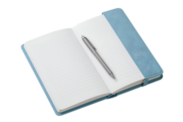 Open light blue notebook with silver pen on white lined pages isolated on a transparent background
