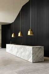 Modern lobby featuring a marble reception desk, black wall, and three hanging brass lights