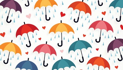 Pattern with colorful umbrellas and hearts. Gentle rain falls on opened parasols creating a cheerful and romantic atmosphere. White background.